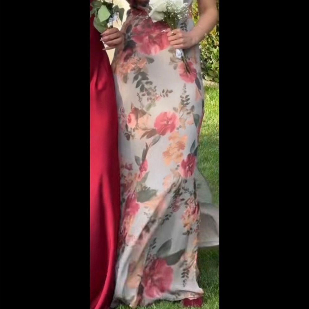 Floral One Shoulder Dress in Sage Green With Blush and Burgundy Floral Details